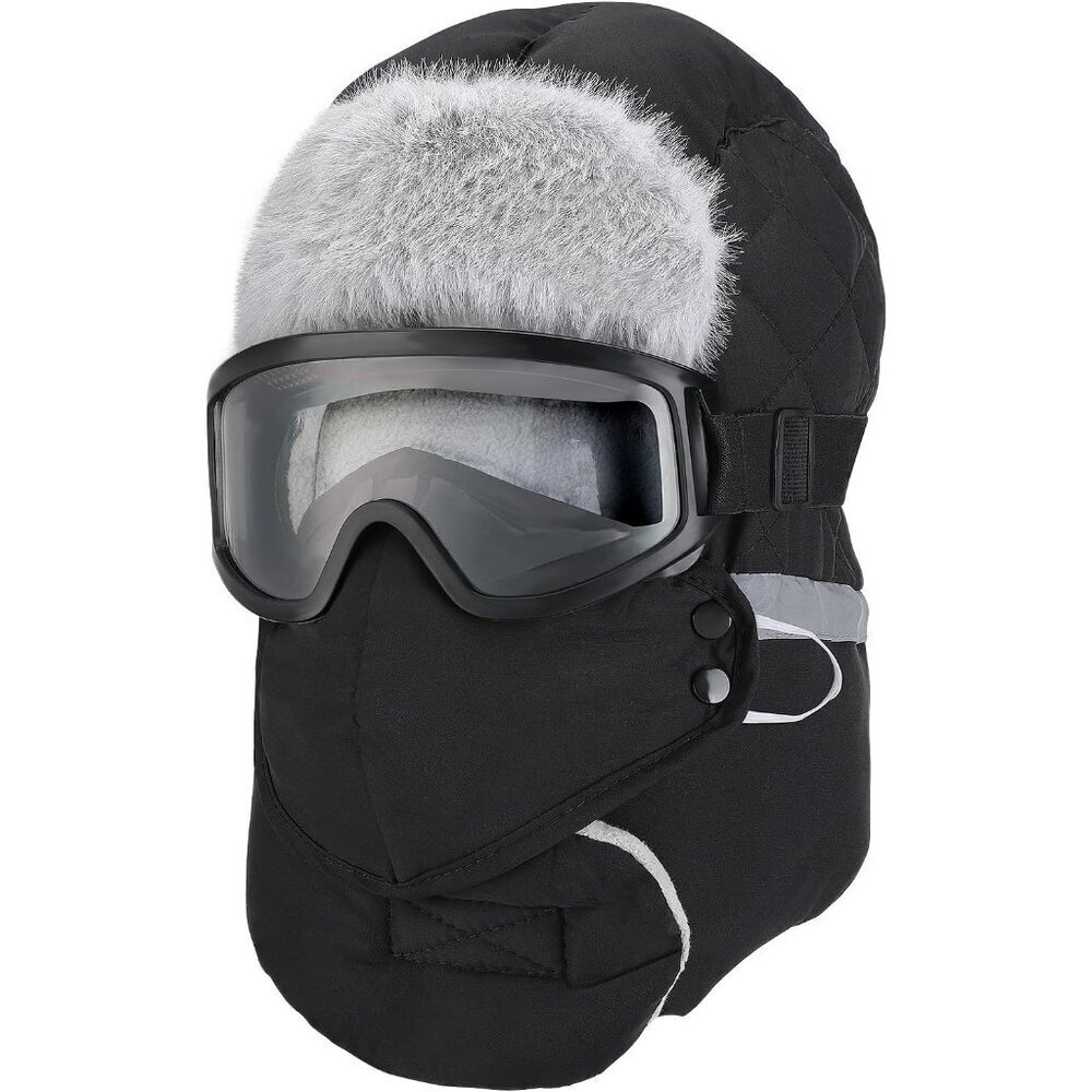 Men black trapper hat   with Goggles & Face Mask Snow Thermal Hat